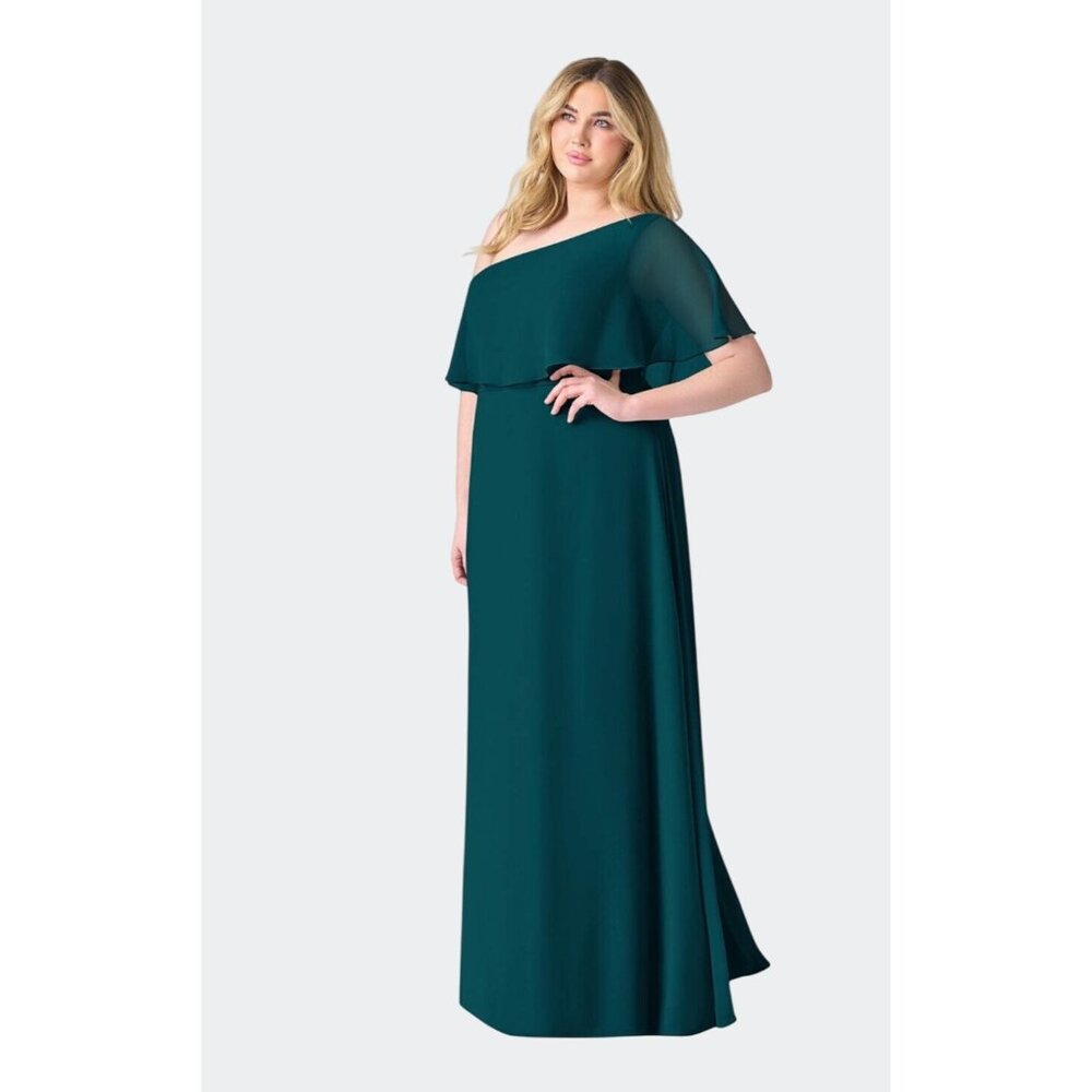 AZAZIE Pine A-Line One Shoulder Chiffon Maxi Formal Dress Ruffle Overlay Size 14